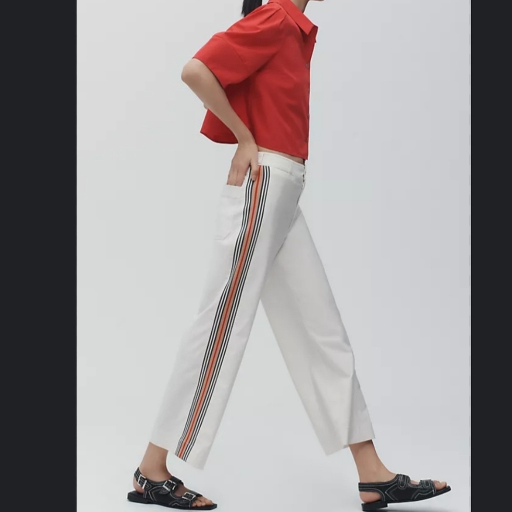 Anthropologie Maeve Ettie High Waisted Crop Wide Bold Stripe Pants W30 Stone